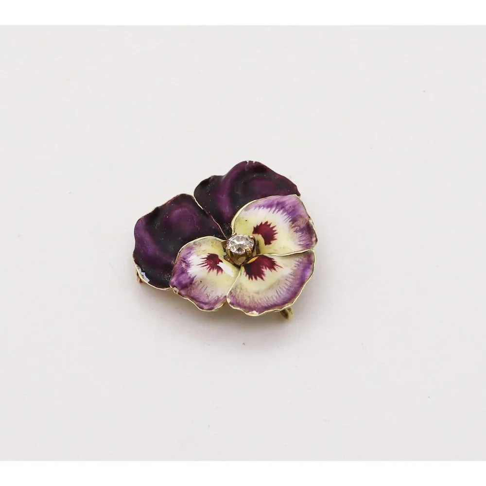 Hedges & Co. 1900 Art Nouveau Enamel Pansy Pendant 14Kt  Diamond - Picture 3 of 8